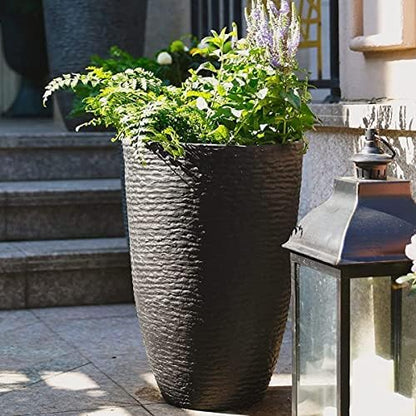 Worth 9 Gallon Tall Round Planters Set of 2-14" Dia x 21" H Stone Finish Flower Pots Indoor Decorative Container Garden Patio Unbreakable Beige