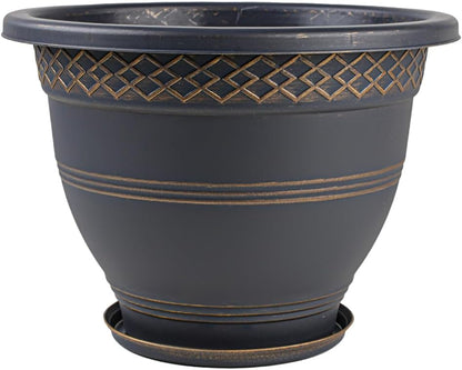 Usocik 10 Inch 4 Pack Plant Pots, Plastic Flower Pot for Indoor & Outdoor with Drainage Holes & Saucer, Plaid Pattern Planters Garden Pots for Herbs