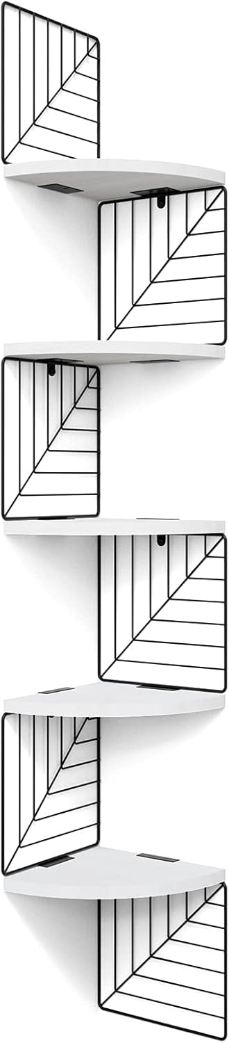 Love-KANKEI Corner Shelf Wall Mount of 5 Tier Rustic Wood Floating Shelves Wall Shelves for Bedroom Living Room Bathroom Kitchen Office and More Carbonized Black