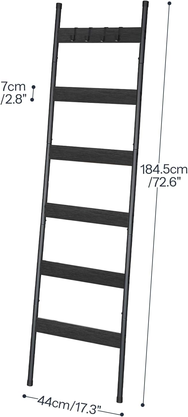 HOOBRO Blanket Ladder, 5-Tier Towel Rack with Hooks, Wall-Leaning Blanket Rack, Decorative Display Ladder Shelf, for Scarves, Industrial, Living Room, Bedroom, Rustic Brown and Black BF52CJ01