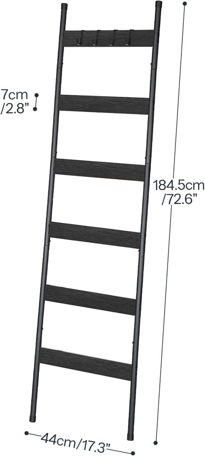 HOOBRO Blanket Ladder, 5-Tier Towel Rack with Hooks, Wall-Leaning Blanket Rack, Decorative Display Ladder Shelf, for Scarves, Industrial, Living Room, Bedroom, Rustic Brown and Black BF52CJ01