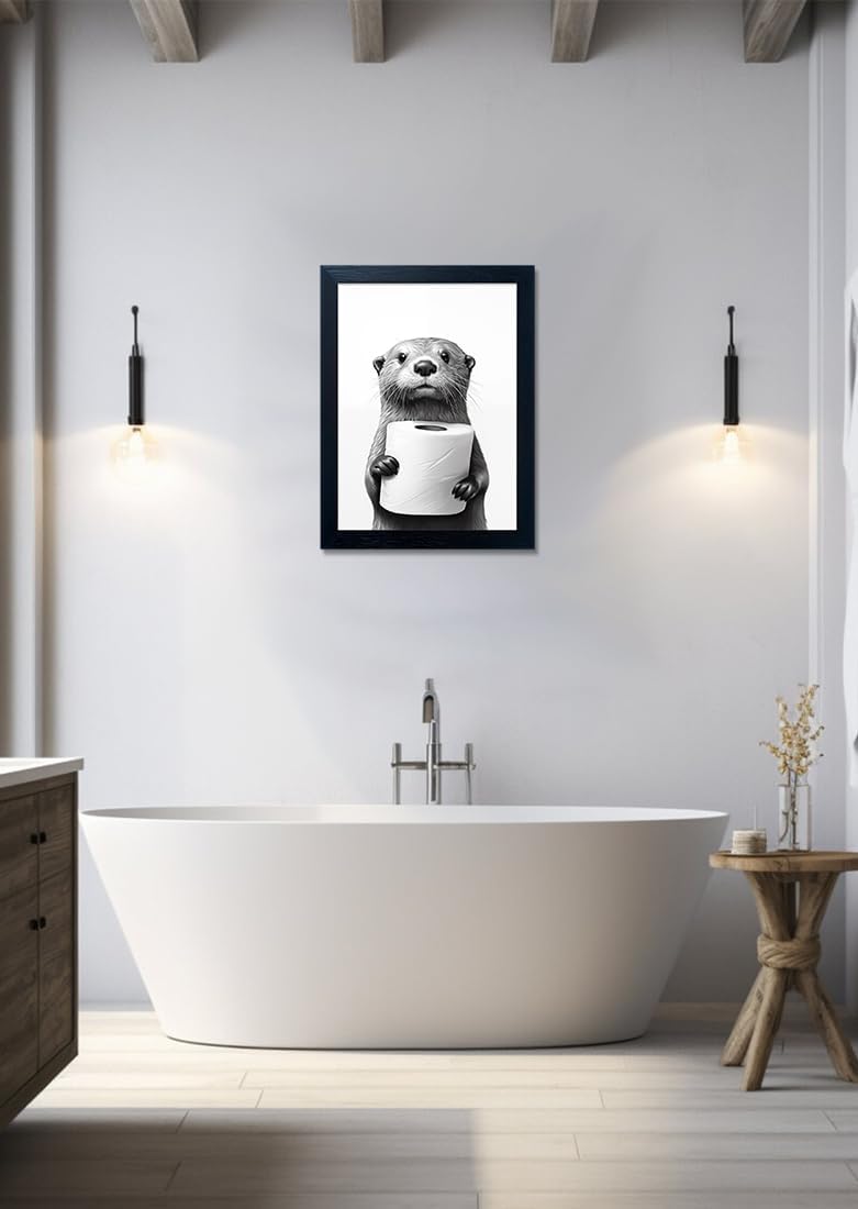 Bathroom Picture Wall Decor, Framed Black and White Bathroom Wall Art, Toilet Paper in Little Funny Raccoon's Hand Animal Canvas Print Painting