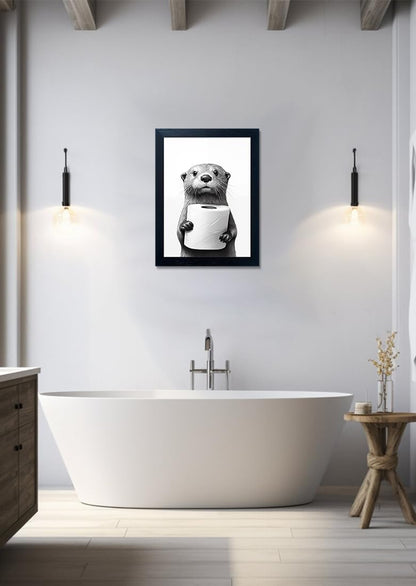Bathroom Picture Wall Decor, Framed Black and White Bathroom Wall Art, Toilet Paper in Little Funny Raccoon's Hand Animal Canvas Print Painting