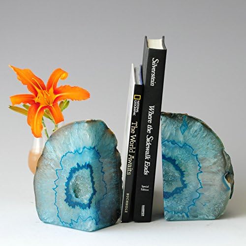 JIC Gem Dyed Blue Agate Bookends Geode Decorative Book Ends for Heavy Books with Rubber Bumpers for Office and Home Decoration Polished Small Size 2 to 3 Lbs