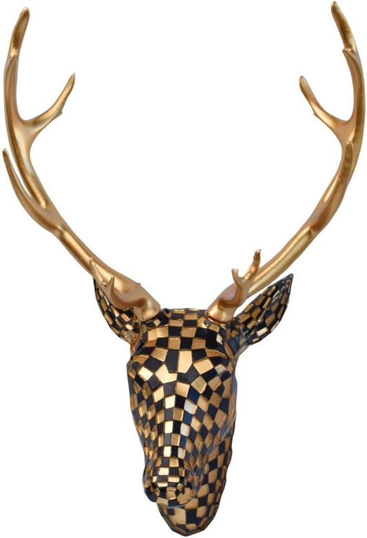 GIGICICI Mosaic Deer Head Wall Decor 15.7x8.7 Inch, Artistic Faux Resin Animal Head Wall Sculpture Hanging for Living Room Bedroom Kitchen Office, Black-White Gift