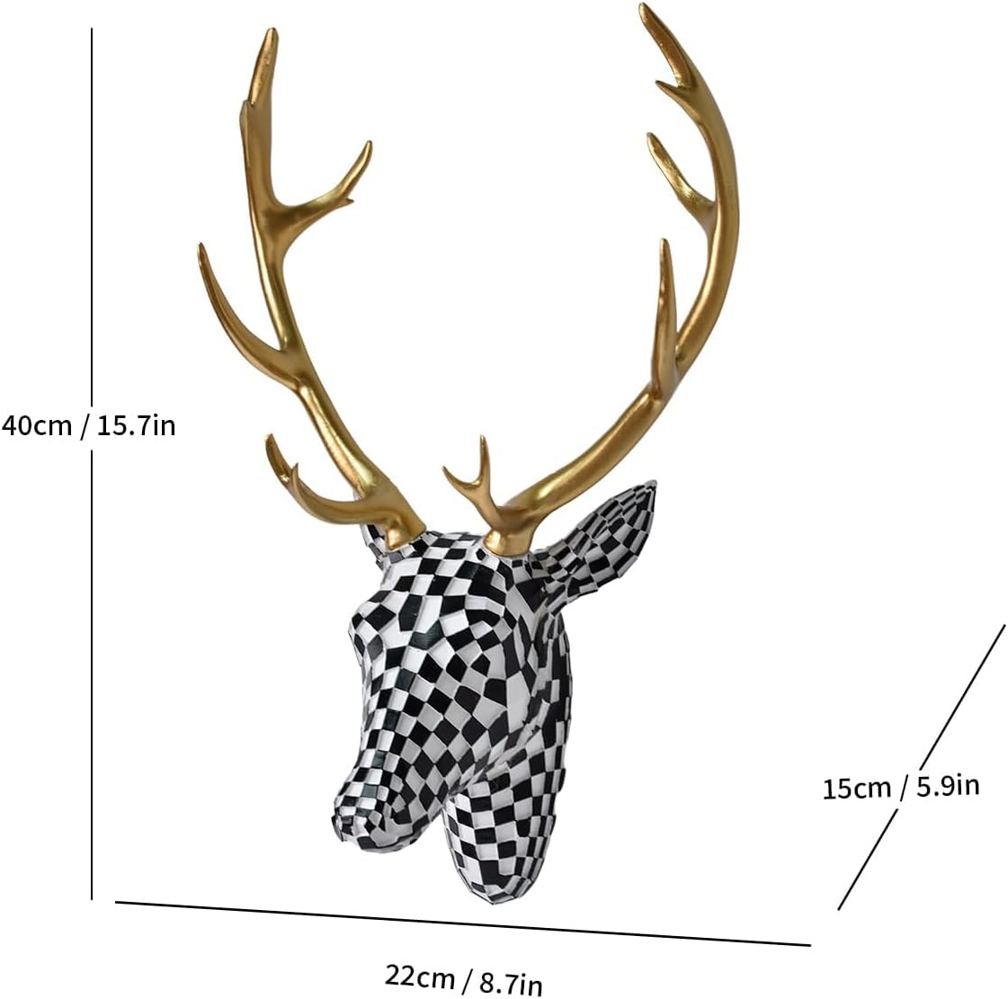 GIGICICI Mosaic Deer Head Wall Decor 15.7x8.7 Inch, Artistic Faux Resin Animal Head Wall Sculpture Hanging for Living Room Bedroom Kitchen Office, Black-White Gift