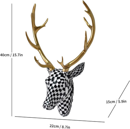 GIGICICI Mosaic Deer Head Wall Decor 15.7x8.7 Inch, Artistic Faux Resin Animal Head Wall Sculpture Hanging for Living Room Bedroom Kitchen Office, Black-White Gift