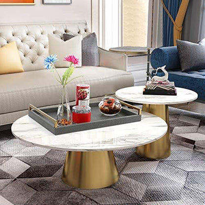 Ivory Shagreen Leather Serving Tray with Gold Handles-17.7x11.8 Inch Large Wooden Decorative Ottoman Tray fro Coffee Table, Kitchen, Dining, and Home Decor (Ivory)