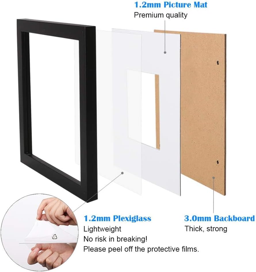 Egofine 12x16 Picture Frame Black, Covered by Plexiglass Made of Solid Wood, Display Pictures 9x12 and 11x14 with Mat or 12x16 Without Mat, for Wall Mounting Photo Frame - Colors B