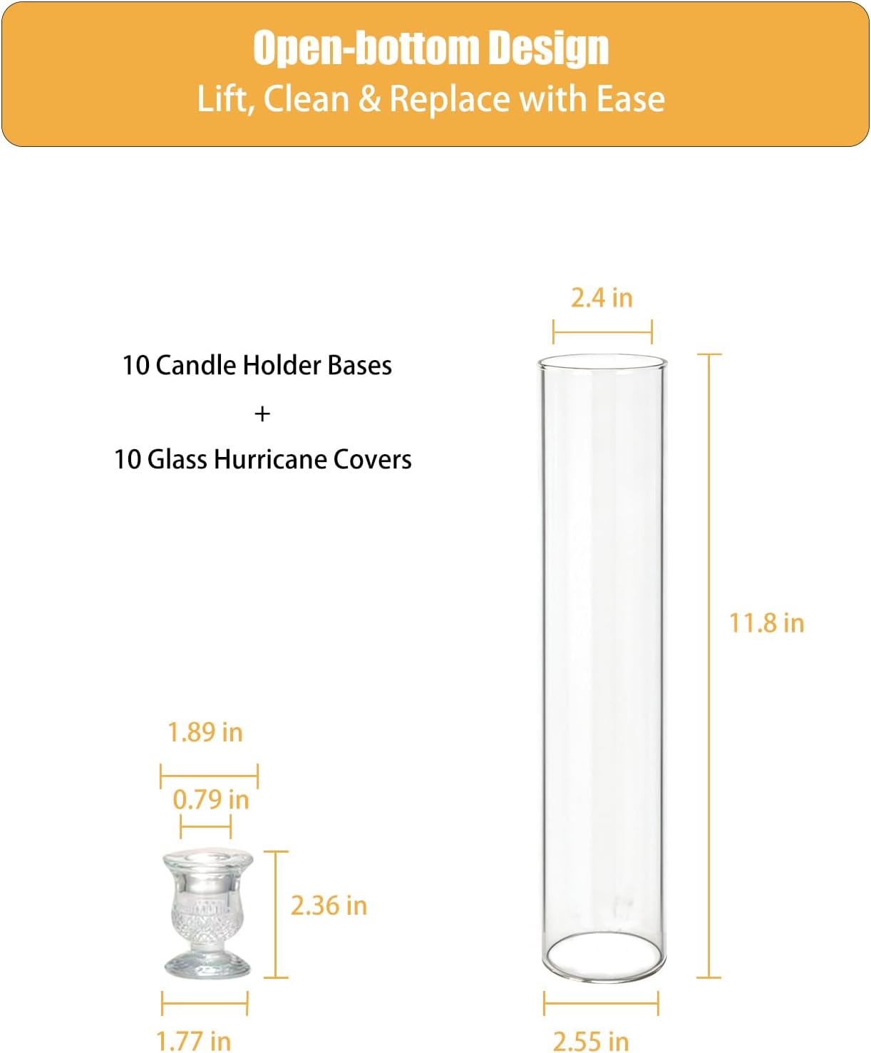 Glass Hurricane Candle Holders – 10 Clear Cylinder Covers & 10 Pillar Candle Bases, 2.6" D x 11.8" H Windproof Candle Holders for Wedding Centerpieces