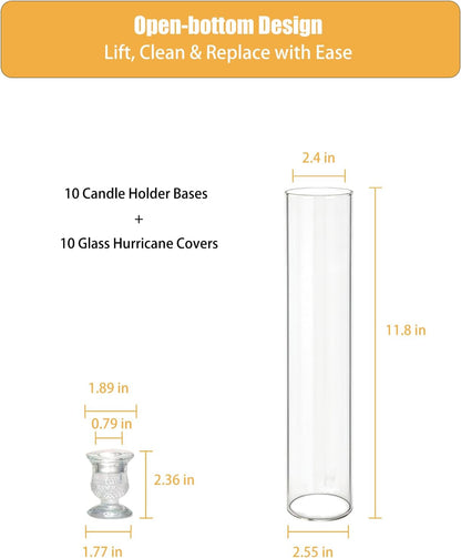 Glass Hurricane Candle Holders – 10 Clear Cylinder Covers & 10 Pillar Candle Bases, 2.6" D x 11.8" H Windproof Candle Holders for Wedding Centerpieces