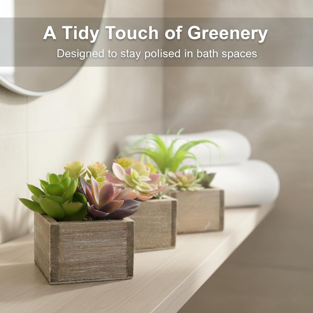 Succulent Plants Artificial, 3 Pack Small Fake Plants in Wood Pot for Home Decor, Farmhouse Artificial Plants Indoor for Living Room Bathroom Bedroom Office Kitchen Desk Wedding Coffee Table Decor