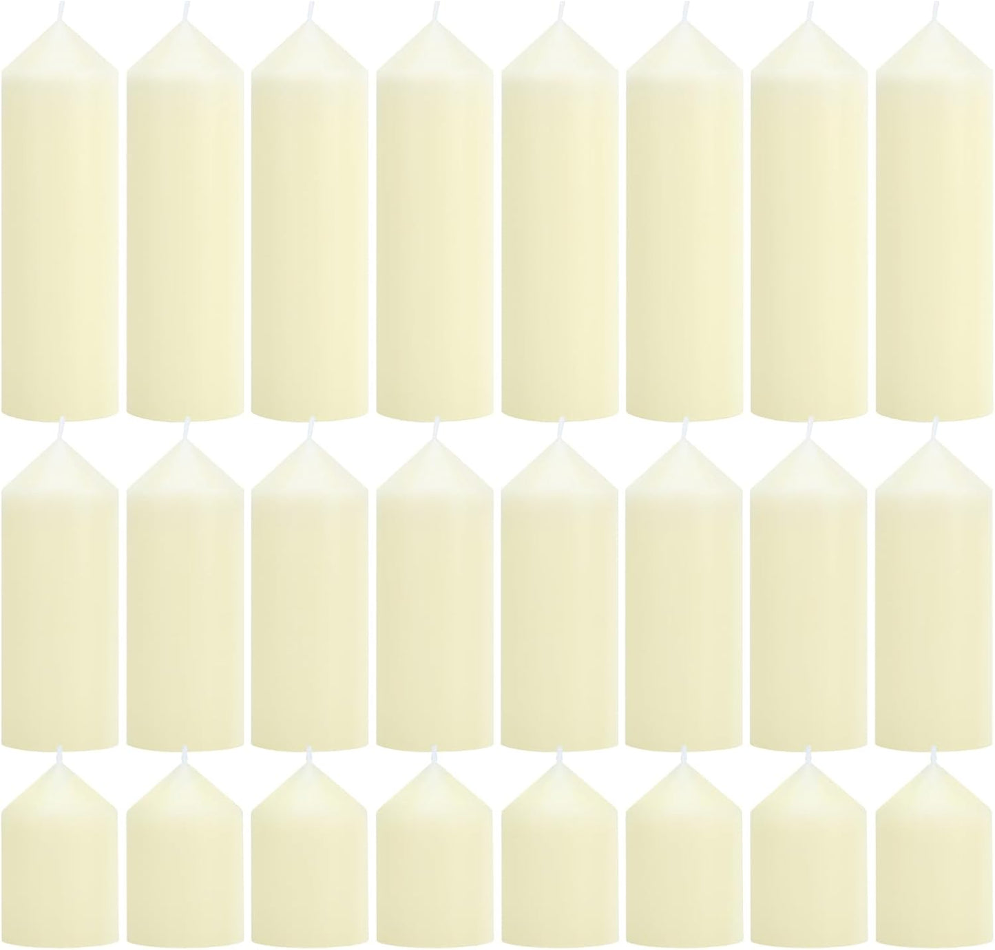 12-Pack Ivory Unscented Pillar Candle Set - 2x3, 2x6, 2x8-inch Long-Burning Drip-Free Tapers, 4 Per Size. Ideal for Home Decor, Weddings, Emergencies, and Holidays.