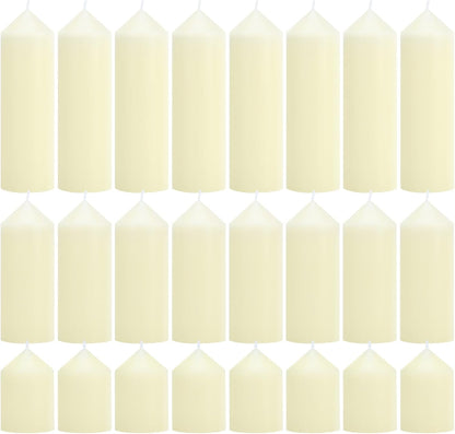 12-Pack Ivory Unscented Pillar Candle Set - 2x3, 2x6, 2x8-inch Long-Burning Drip-Free Tapers, 4 Per Size. Ideal for Home Decor, Weddings, Emergencies, and Holidays.