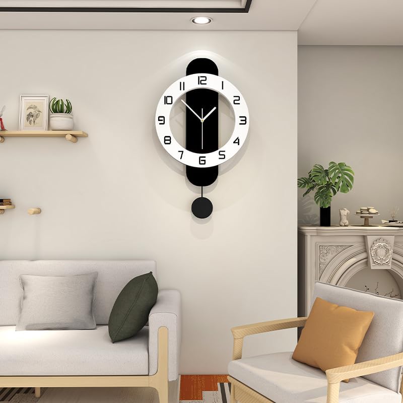Decorative Wall Clock for Living Room Decor Large Modern Wall Clocks with Pendulum Battery Operated for Bedroom Office Kitchen Home Small Black Silent Wall Clock Non Ticking 11.8*22.4 Inch