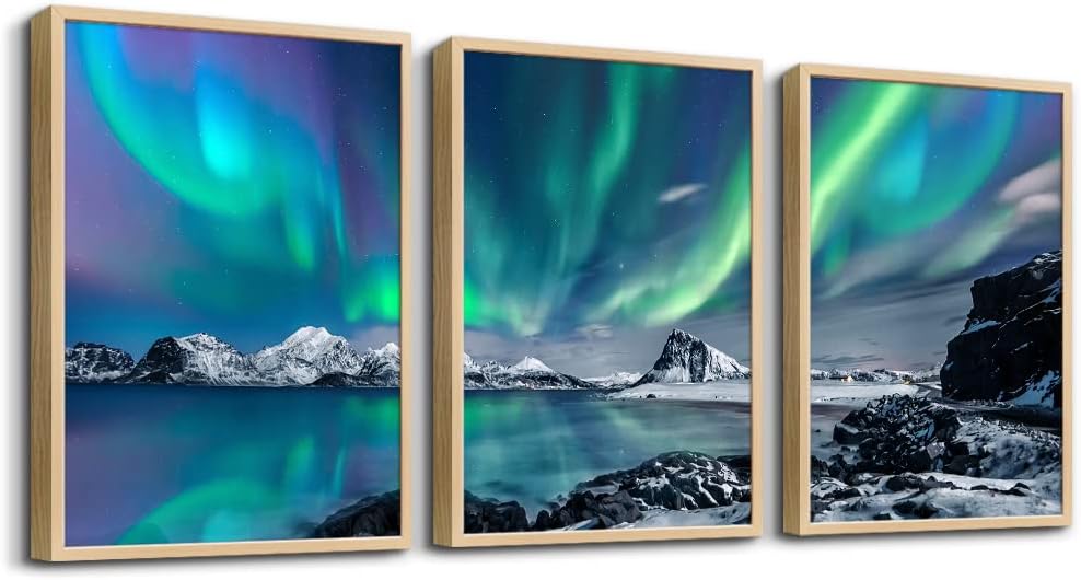 MHARTK66 Wall Art for Bedroom Wall Decor for Living Room Office Decor Abstract Mountain Aurora Landscape Painting 3 Piece Scenic Framed Canvas Art Prints Ready to Hang Kitchen Wall Pictures Home Decor