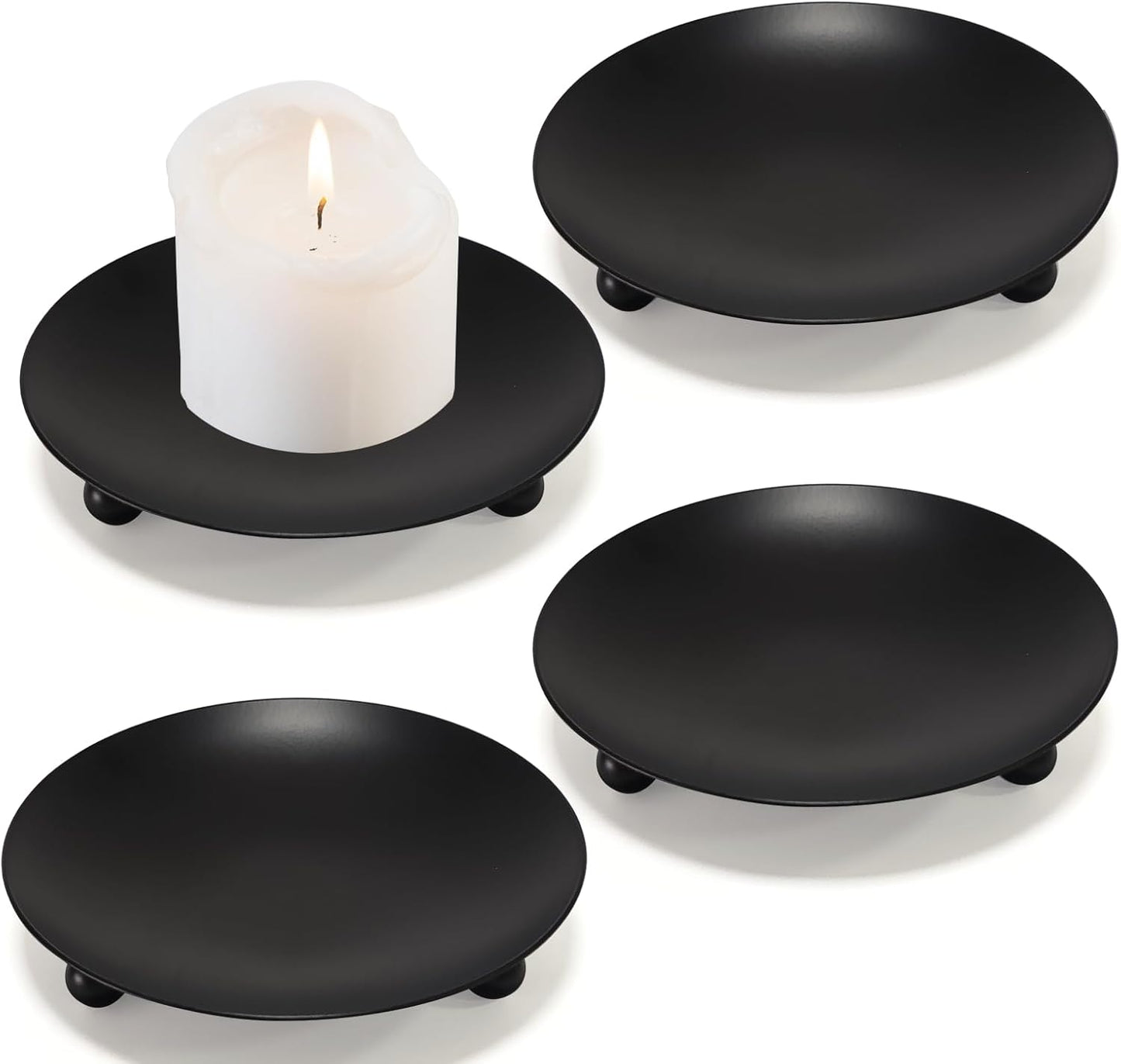 Iron Plate Candle Holder, Black Candle Holders for Pillar Candles, Small Candle Tray, Decorative Pillar Candle Holder Plate Metal Candle Stand for LED & Wax Candles,Spa,Weddings，Party (4 pcs)