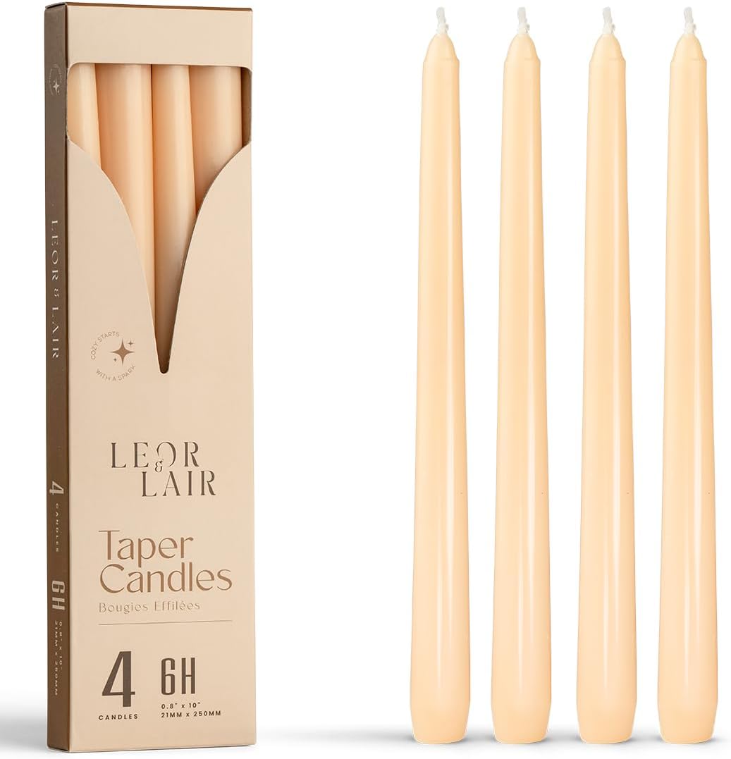 Leor & Lair Ivory Taper Candles - 4 Pack 10" Ivory Candlesticks - Unscented Cream Candle Sticks for Home Decoration, Holiday Tables, Weddings, Restaurants & Business Events