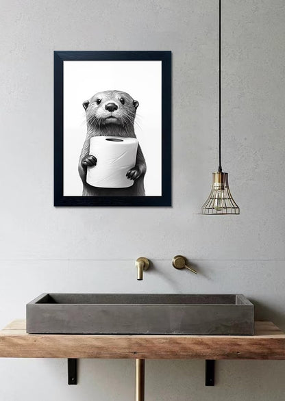 Bathroom Picture Wall Decor, Framed Black and White Bathroom Wall Art, Toilet Paper in Little Funny Raccoon's Hand Animal Canvas Print Painting