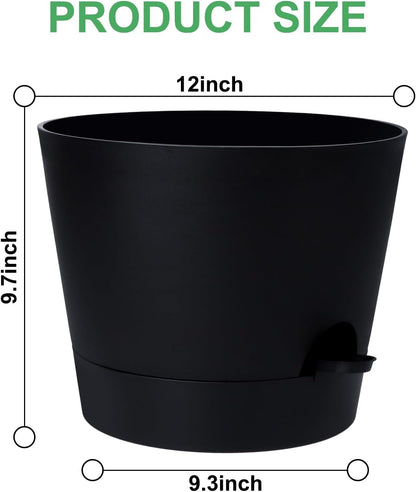 YNNICO Indoor Self Watering Planters with Drainage Holes and Saucers, 8, 7, 6.5, 6, 5.5, 5 Inches, Black, 6 Pots