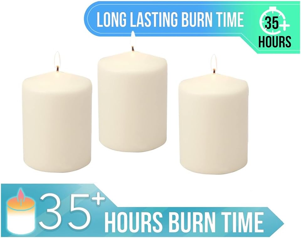 Stonebriar Unscented Pillar Candles – 65 Hour Burn Time, Long-Lasting Wax Candles for Weddings, Holidays, Home Décor & Special Events, Pack of 6, Ivory, 3" x 6"