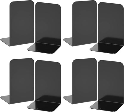VFINE Bookends 4 Pairs, Black Metal Book Ends, Bookends for Shelves, Book Stopper for Heavy Books, Book Dividers for Home Office School Supplies