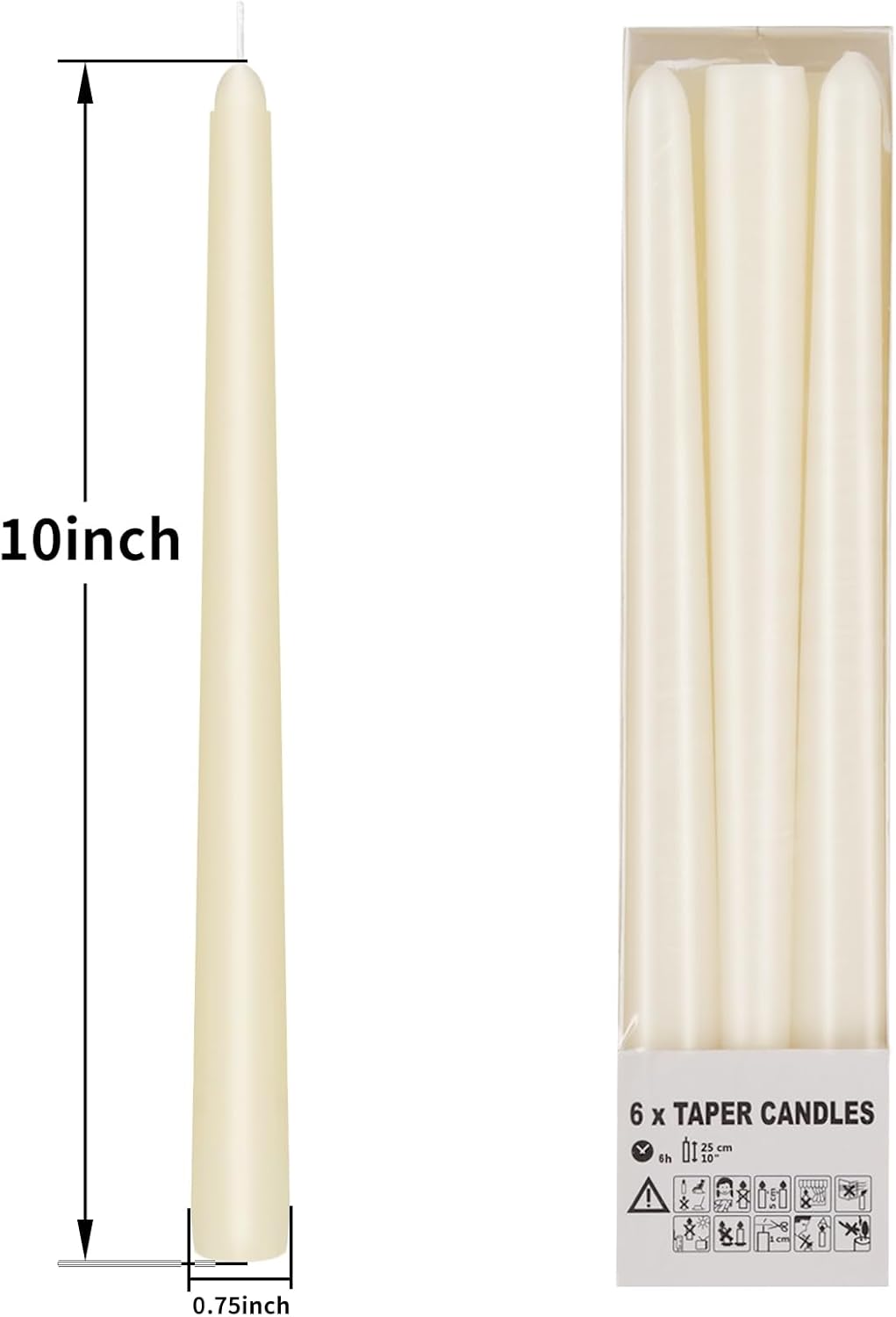 KORCCI Ivory Taper Candles 10 Inch - Set of 6 Long Candles, 8 Hours Long Burning, Smokeless & Unscented & Dripless, for Christmas Holiday Décor, Weddings, Birthdays, Dinner, Rituals (Ivory)