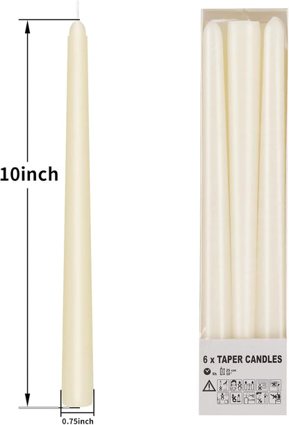KORCCI Ivory Taper Candles 10 Inch - Set of 6 Long Candles, 8 Hours Long Burning, Smokeless & Unscented & Dripless, for Christmas Holiday Décor, Weddings, Birthdays, Dinner, Rituals (Ivory)
