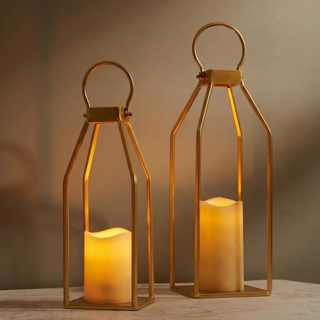 Perfnique Modern Farmhouse Lantern Decor, 15'' 13'' Set of 2 Black Metal Lantern, 2 LED 6hr Timer Flameless Candles ＆ Remote Timer, Lanterns Decorative for Outdoor, Home, Indoor, Patio, Christmas