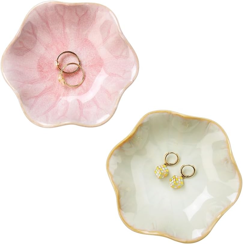 JAMEND CLXP Lotus Leaf Shape Decorative Ring Tray, Small Key Bowl, Ceramic Trinket Tray Jewelry Dish Organizing Necklace Earrings, Home Decoration for Mom Best Friend Sister, Pink.
