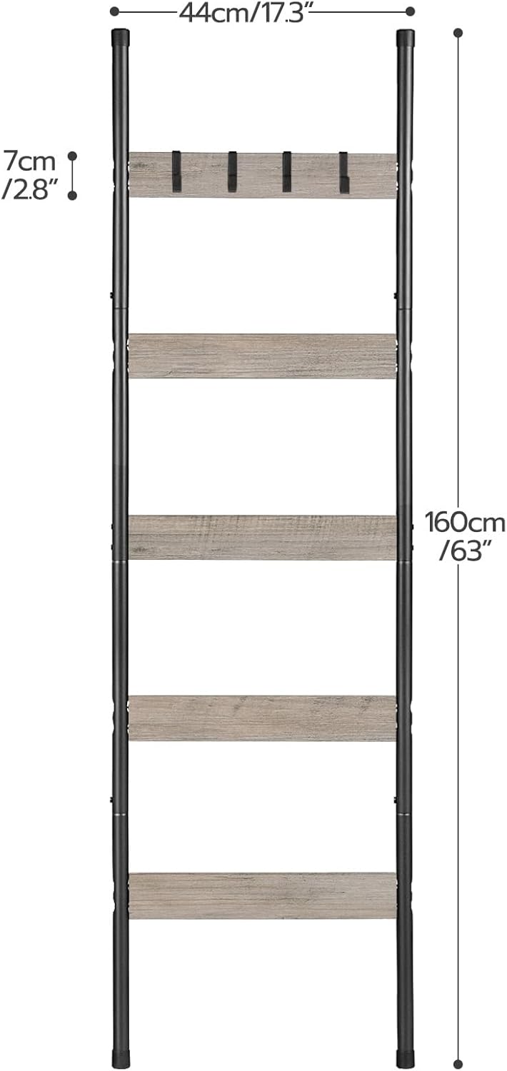 HOOBRO Blanket Ladder, 5-Tier Towel Rack with Hooks, Wall-Leaning Blanket Rack, Decorative Display Ladder Shelf, for Scarves, Industrial, Living Room, Bedroom, Rustic Brown and Black BF52CJ01