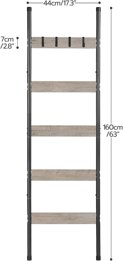 HOOBRO Blanket Ladder, 5-Tier Towel Rack with Hooks, Wall-Leaning Blanket Rack, Decorative Display Ladder Shelf, for Scarves, Industrial, Living Room, Bedroom, Rustic Brown and Black BF52CJ01