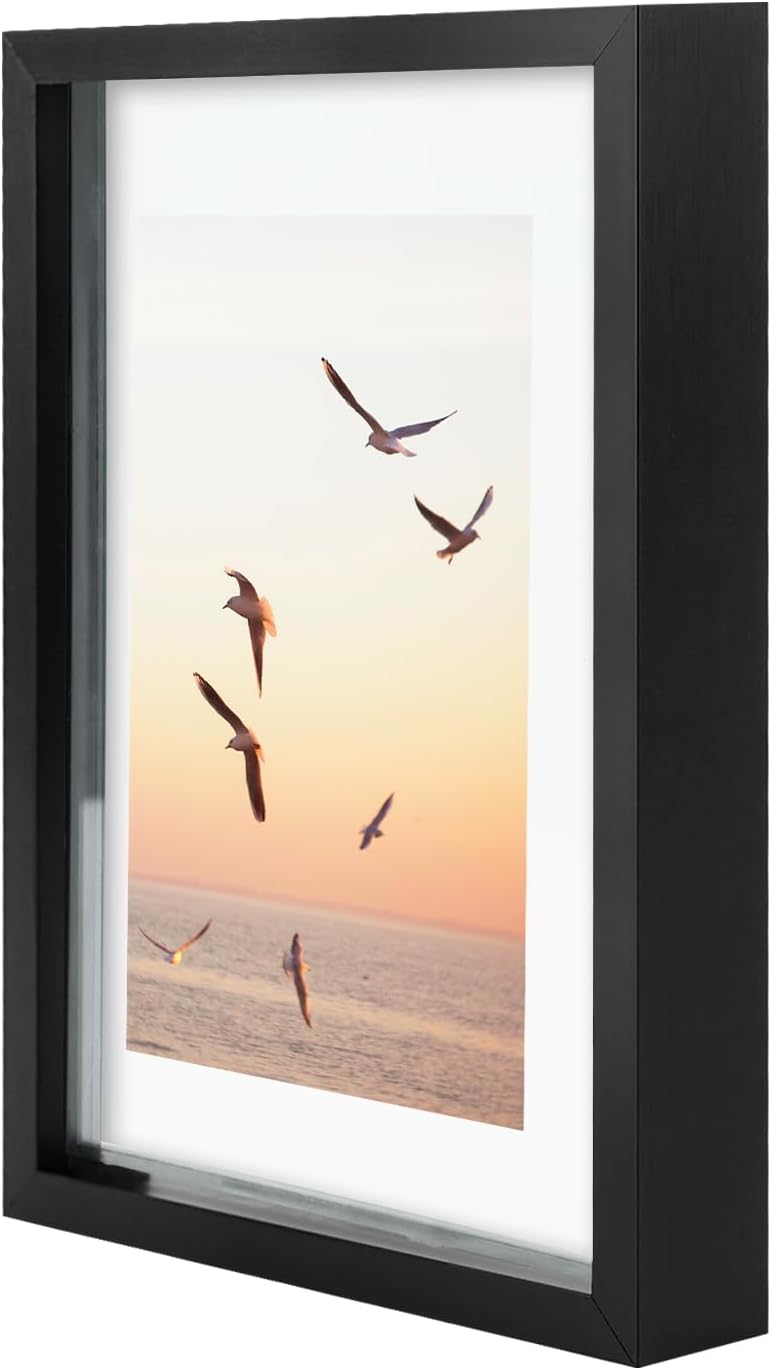 Frametory, Floating Picture Frame 12x16 - Black Aluminum Metal Photo Frame - Real Glass of Front - for Wall Mount Display