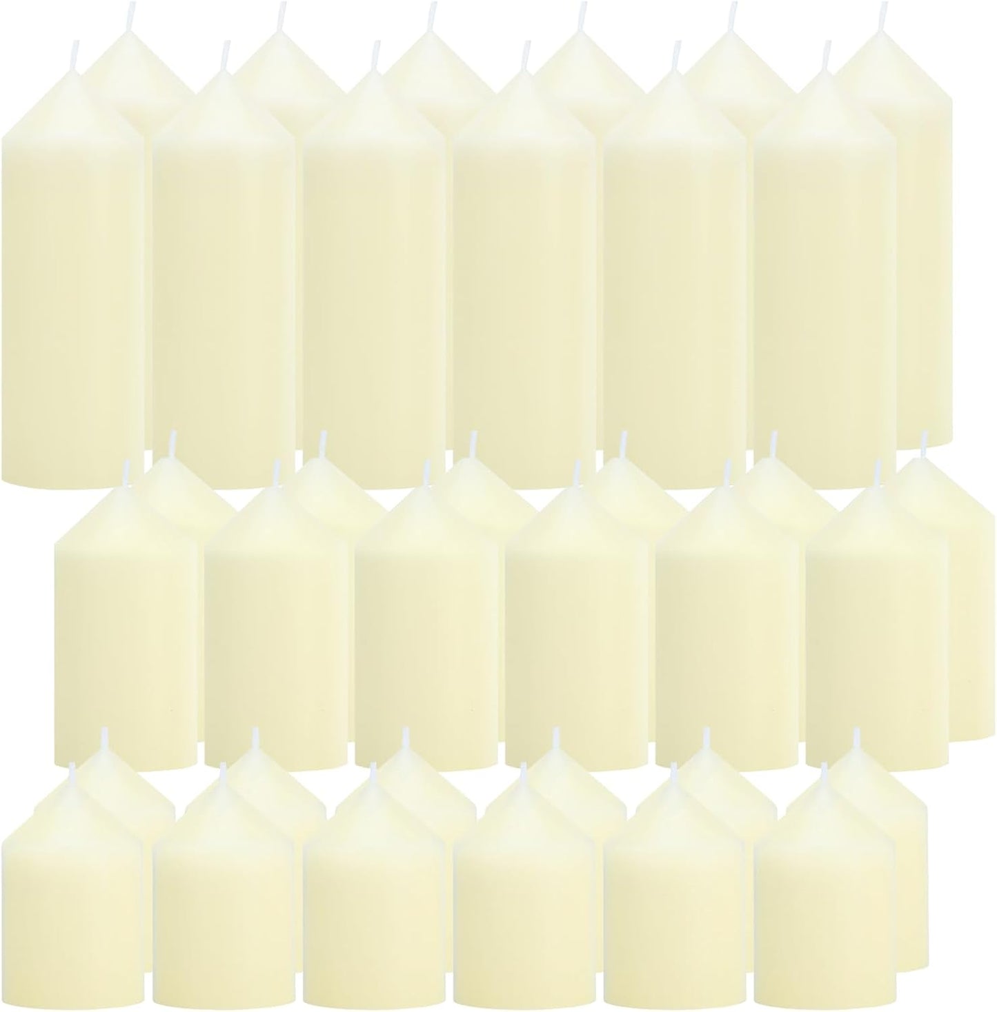 18 Pcs Ivory Pillar Candles Bulk Set，3 Different Lengths 2 x 3/4/6 Inch (6 Each)，Hurricane Candles，Dripless Unscented Smokeless，Gives You a Better Atmosphere When Organizing an Event Party.