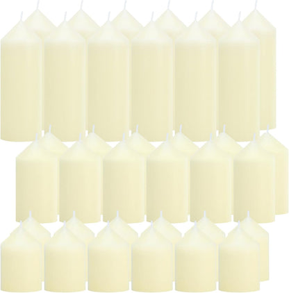18 Pcs Ivory Pillar Candles Bulk Set，3 Different Lengths 2 x 3/4/6 Inch (6 Each)，Hurricane Candles，Dripless Unscented Smokeless，Gives You a Better Atmosphere When Organizing an Event Party.
