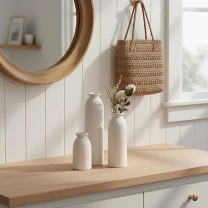 CEMABT Beige Ceramic vase Set-3 Small Flower vases for Decor,Modern Boho Farmhouse Home Decor,Decorative vase for Pampas Grass&Dried Flowers,idea Shelf,Table,Bookshelf ，Entryway- Distressed