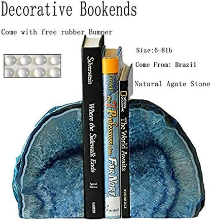JIC Gem Dyed Blue Agate Bookends Geode Decorative Book Ends for Heavy Books with Rubber Bumpers for Office and Home Decoration Polished Small Size 2 to 3 Lbs