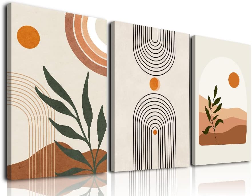 Sage Green Boho Wall Art Set of 3, Minimalist Framed Wall Art Geometric Line Leaf Sun Moon Beige Green Canvas Artwork Paintings, Abstract Botanical Boho Room Decor, Office, 12"x16"