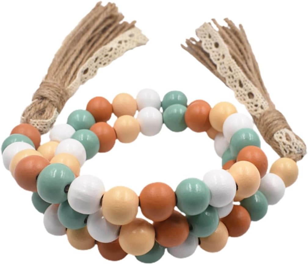 Wood Beads Garland with Tassels, 42.4in Farmhouse Rustic Style Colorful Wood Beads String, Large Antique Wooden Prayer, Boho Home Festival Decor Garland Rosary Rope