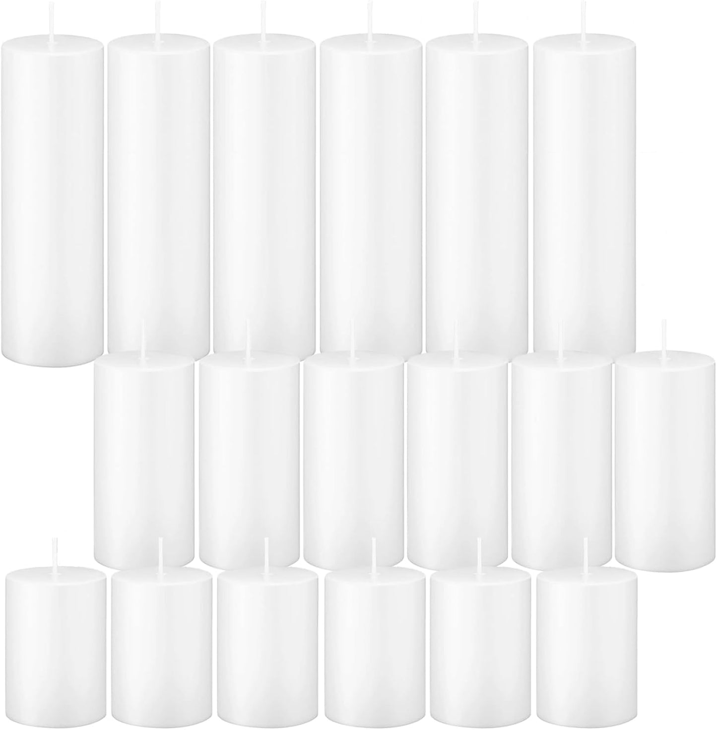 18 Pcs White Pillar Candles Bulk Set，Hurricane Candles，3 Different Lengths 2 x 3/4/6 Inch (6 Each)，Dripless Unscented Smokeless，Gives You a Better Atmosphere When Organizing an Event Party.