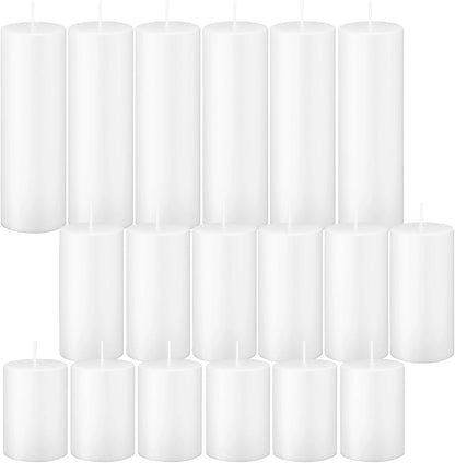 18 Pcs White Pillar Candles Bulk Set，Hurricane Candles，3 Different Lengths 2 x 3/4/6 Inch (6 Each)，Dripless Unscented Smokeless，Gives You a Better Atmosphere When Organizing an Event Party.