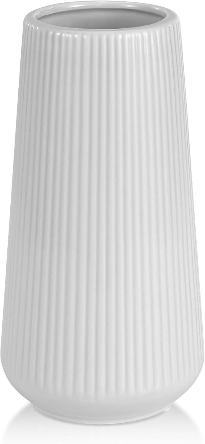 White Ceramic Vase, GUKJOB Small Cute Flower Vase for Pampas Grass, Home, Living Room, Dining Table, Farmhouse, Office Decor, Bedroom, Table, and Kitchen Shelf (White)