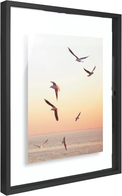 Frametory, Floating Picture Frame 12x16 - Black Aluminum Metal Photo Frame - Real Glass of Front - for Wall Mount Display