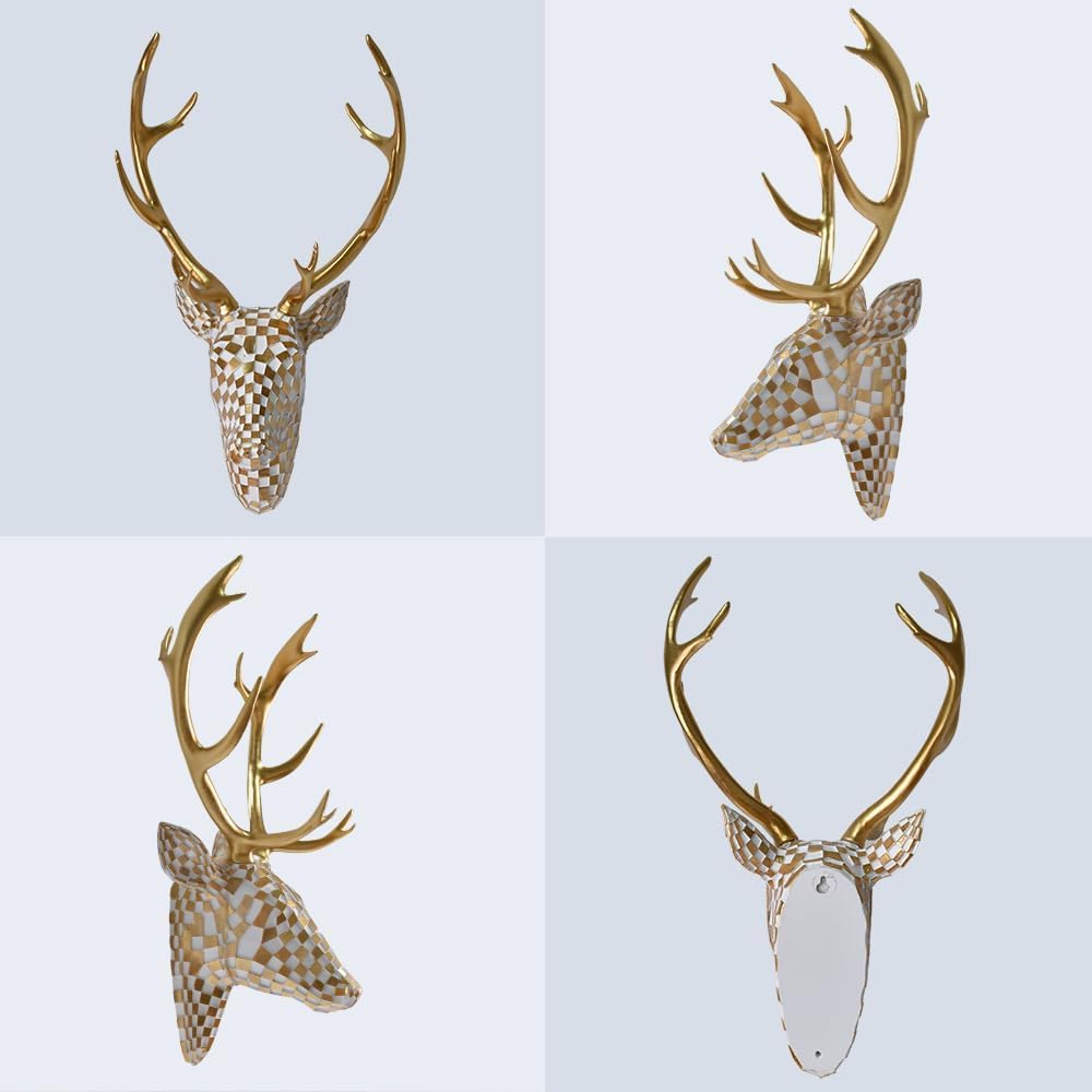 GIGICICI Mosaic Deer Head Wall Decor 15.7x8.7 Inch, Artistic Faux Resin Animal Head Wall Sculpture Hanging for Living Room Bedroom Kitchen Office, Black-White Gift