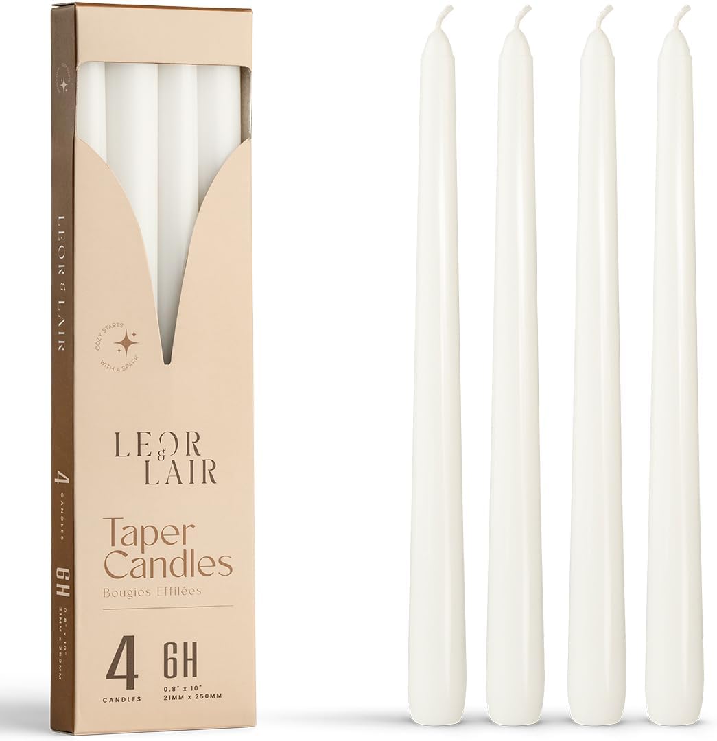 Leor & Lair Ivory Taper Candles - 4 Pack 10" Ivory Candlesticks - Unscented Cream Candle Sticks for Home Decoration, Holiday Tables, Weddings, Restaurants & Business Events
