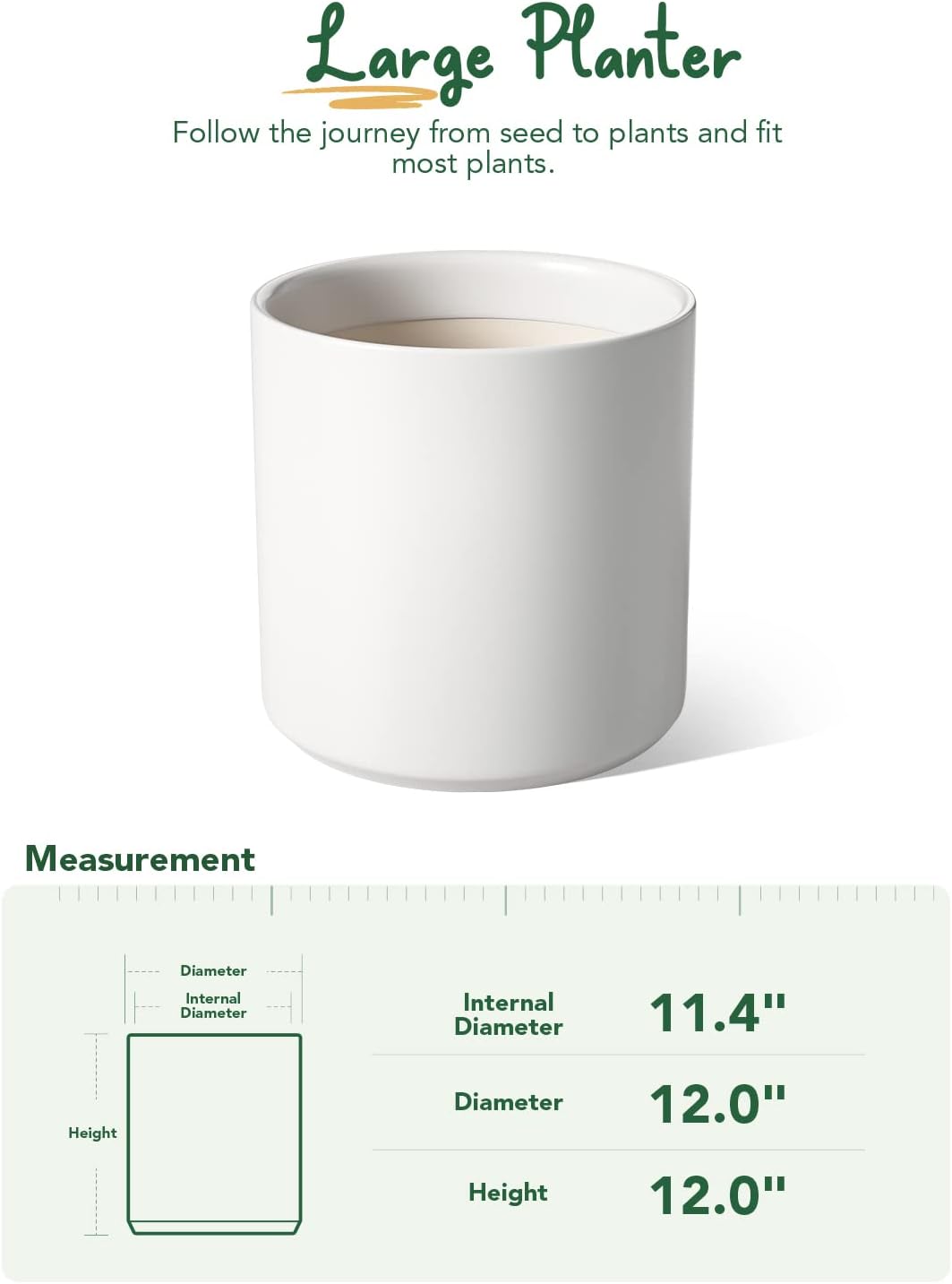 LE TAUCI 12 Inch Pot for Plants, Ceramic Planters for Indoor Plants, Mid-Century Modern Cylinder Flower Pots with Drainage Hole, Fits Fiddle Leaf Fig & Monstera, Home Decor, White