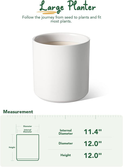 LE TAUCI 12 Inch Pot for Plants, Ceramic Planters for Indoor Plants, Mid-Century Modern Cylinder Flower Pots with Drainage Hole, Fits Fiddle Leaf Fig & Monstera, Home Decor, White