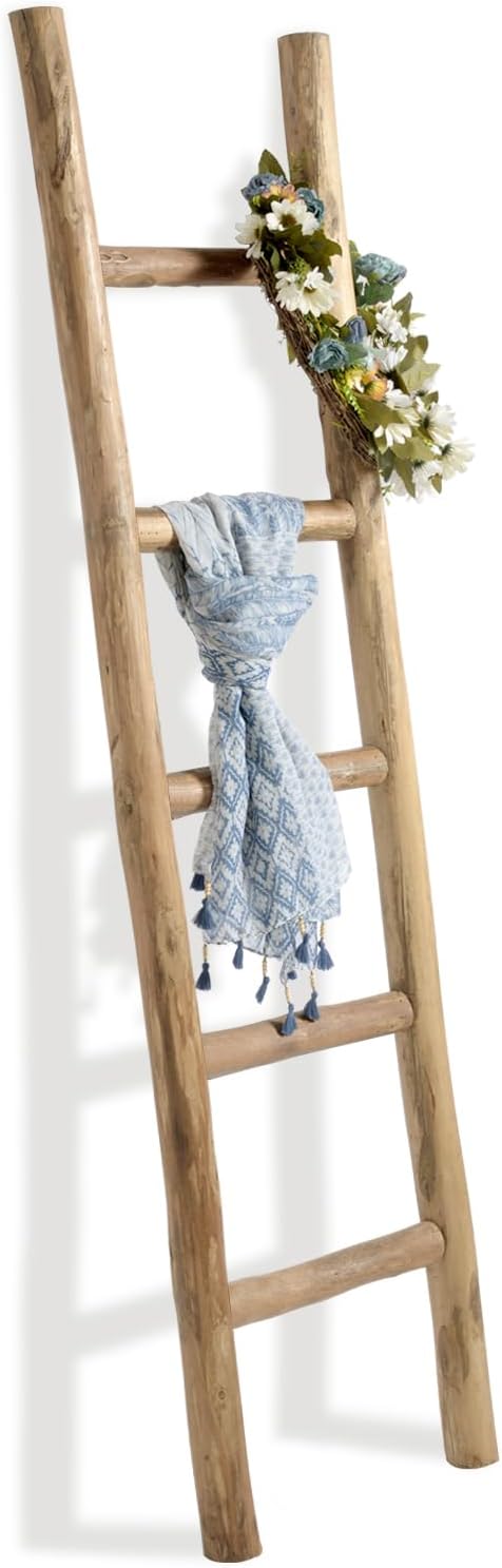 FUIN 57in Wood Blanket Ladder Living Room Decorative Wall Leaning Farmhouse Quilt Display Holder Rustic Wooden Towel Rack for Bathroom, Brown