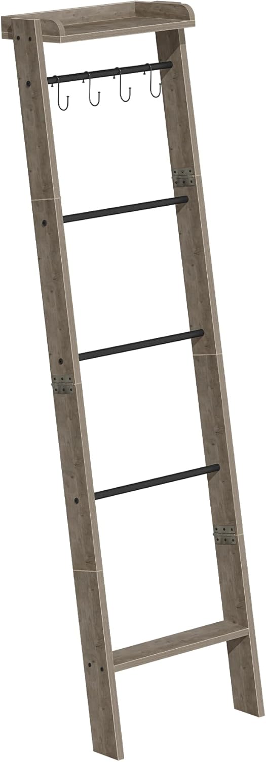 Hzuaneri Blanket Ladder Shelf, Decorative Quilt Rack, 6-Tier Farmhouse Ladder Holder Organizer with 4 Removable Hooks 7.9" D x 17.3" W x 63.4" H, Rustic Brown BR35801B