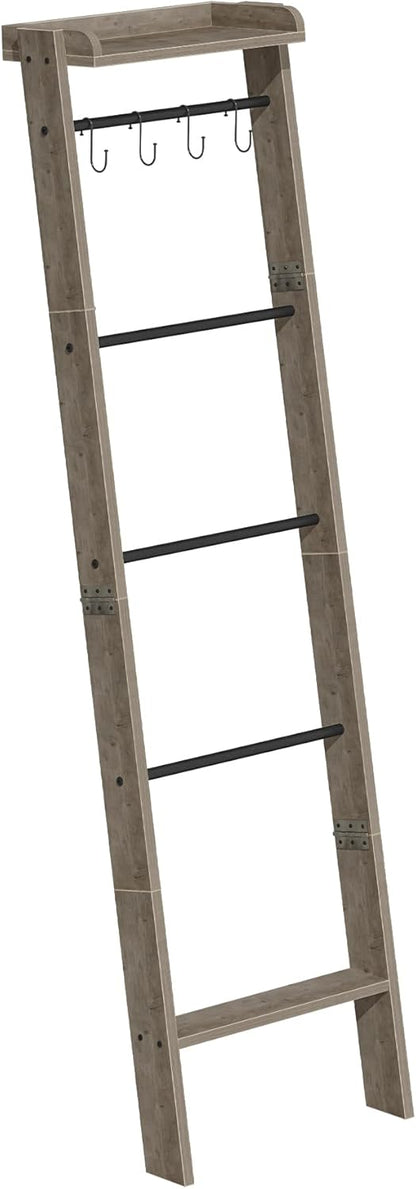 Hzuaneri Blanket Ladder Shelf, Decorative Quilt Rack, 6-Tier Farmhouse Ladder Holder Organizer with 4 Removable Hooks 7.9" D x 17.3" W x 63.4" H, Rustic Brown BR35801B